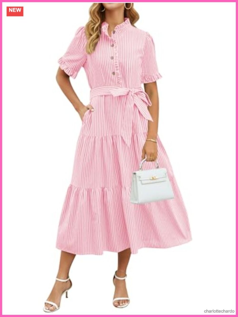 Women's Striped Button Down Maxi Dress Cotton Ruffle Sleeve High Waist A-Line